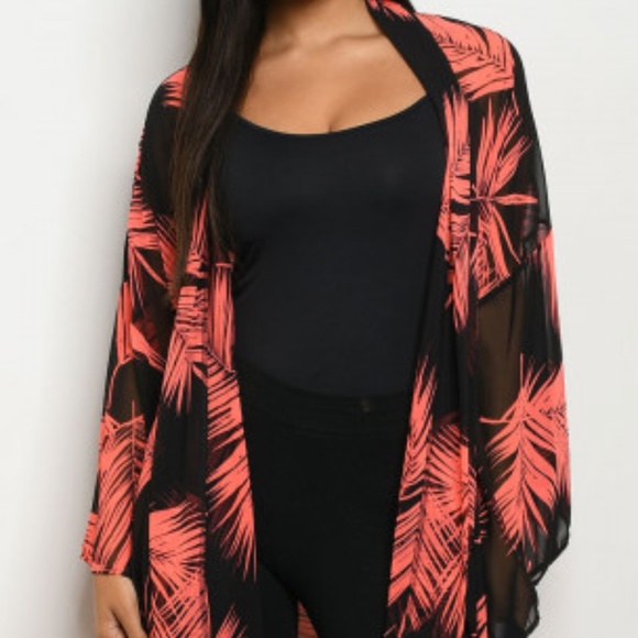 CORAL & BLACK KIMONO / CARDIGAN - Picture 2 of 8